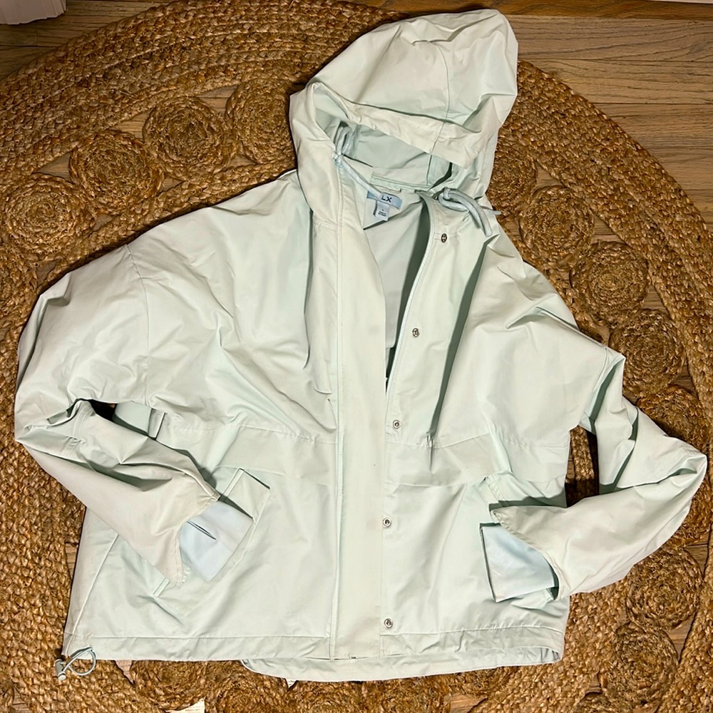 FLX Women’s SMALL Hooded Full Zip Windbreaker (light green/blue) w/ Thumb Holes